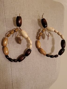 Handcrafted Beaded Hoop Earrings - Neutral Brown & Cream